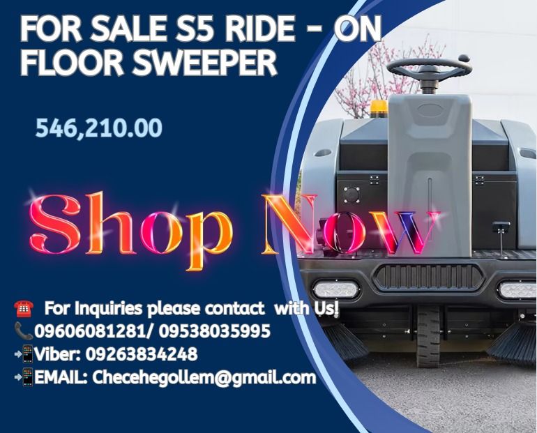 FOR SALE S5 RIDE - ON FLOOR SWEEPER (Category: Industrial Equipment) located in Caloocan City. Submitted by nataliemor30968 (Listing ID 1467376278, Image 1). Description:  Sweeping Panths: 1500mm  Rolling Brush Width: 785mm  Side Brush Width: 300mm  Productivity:11000 m²/h  Working Speed: 0-10km/h  Water tank capacity: 100L  Dustbin Capacity: 140L  Battery Capacity: 48/100V/Ah  Side Brush Motor: 90W  Main Brush Motor: 1000W  Driving (M