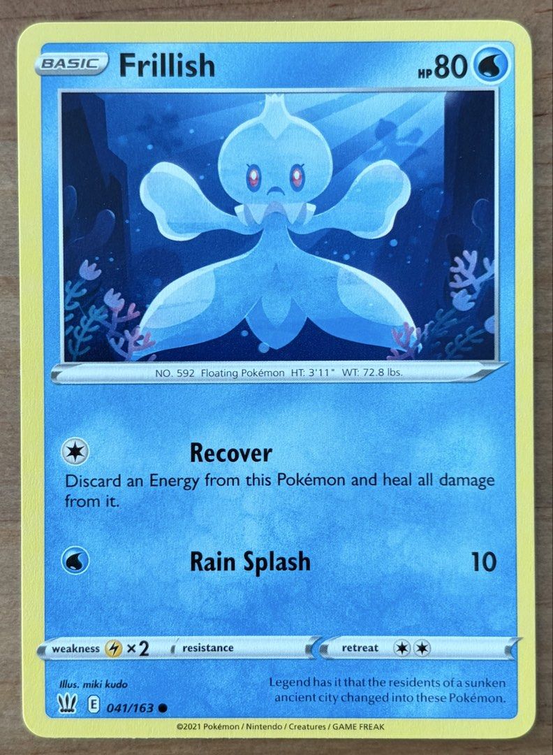 Frillish | Pokemon Cards ~ Battle Styles (Category: Raw Singles) located in Makati City. Submitted by cardlab (Listing ID 1467372343, Image 1). Description: Items are 💯 authentic/original/legit. About The Card: •Language: EN • Number: 041/163 • Common • Normal FOR: • Cards ₱99 and below with Card Sleeves • Cards ₱100 and up with Card Sleeves and Used Toploader • ₱10 for Bnew Tops Packaging (If Shipping): ✔️ Plastic cover ✔️ Cardboard ✔️ Bubble w