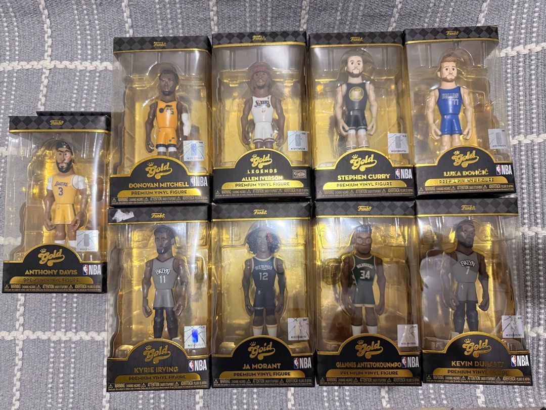 Funko Gold NBA Vinyl Figures Full Set Collection (Category: Designer & Blind Box Toys) located in Mandaluyong City. Submitted by lehitimo03 (Listing ID 1467420397, Image 1). Description: - Set of 9 Funko Gold NBA vinyl figures - Includes: Anthony Davis, Donovan Mitchell, Allen Iverson, Stephen Curry, Luka Doncic, Kyrie Irving, Ja Morant, Giannis Antetokounmpo, and Kevin Durant - Not brand new - Ideal for NBA fans and Funko collectors - Selling as