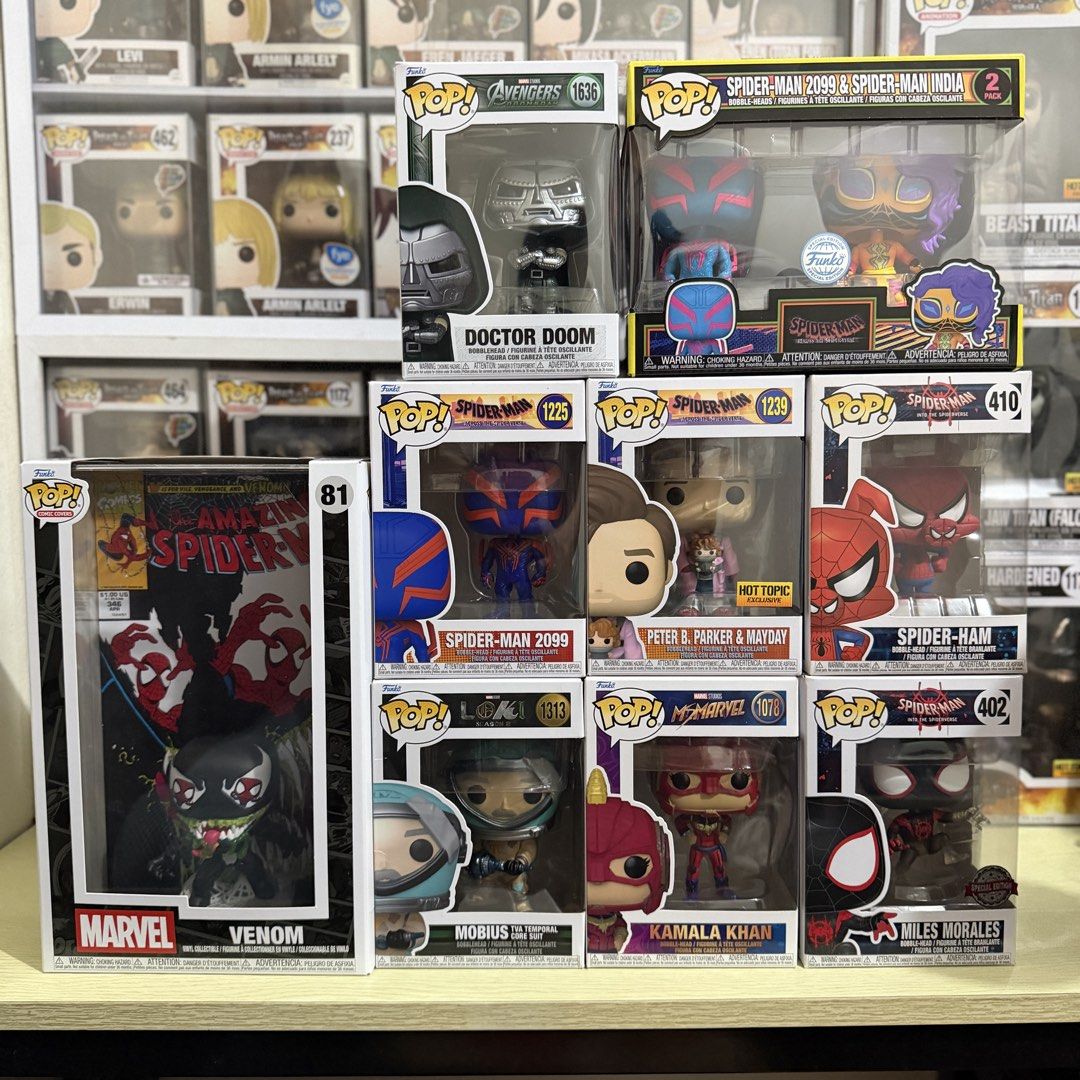 Funko Pop: Marvel - Doctor Doom, Spiderman, Venom, etc (Category: Designer & Blind Box Toys) located in Quezon City. Submitted by tokyobailey (Listing ID 1467497618, Image 1). Description: FS/FT: Funko Pop - Marvel Avengers Doomsday: Doctor Doom - 900 Comic Cover: #81 Venom - 1500 Ms. Marvel: Kamala Khan - 500 Loki: Mobius TVA Temporal Core Suit - 450 Into the Spiderverse (ITSV): Spider-Ham - ❌ #402 Miles Morales SE - 1650 Across the Spiderverse 