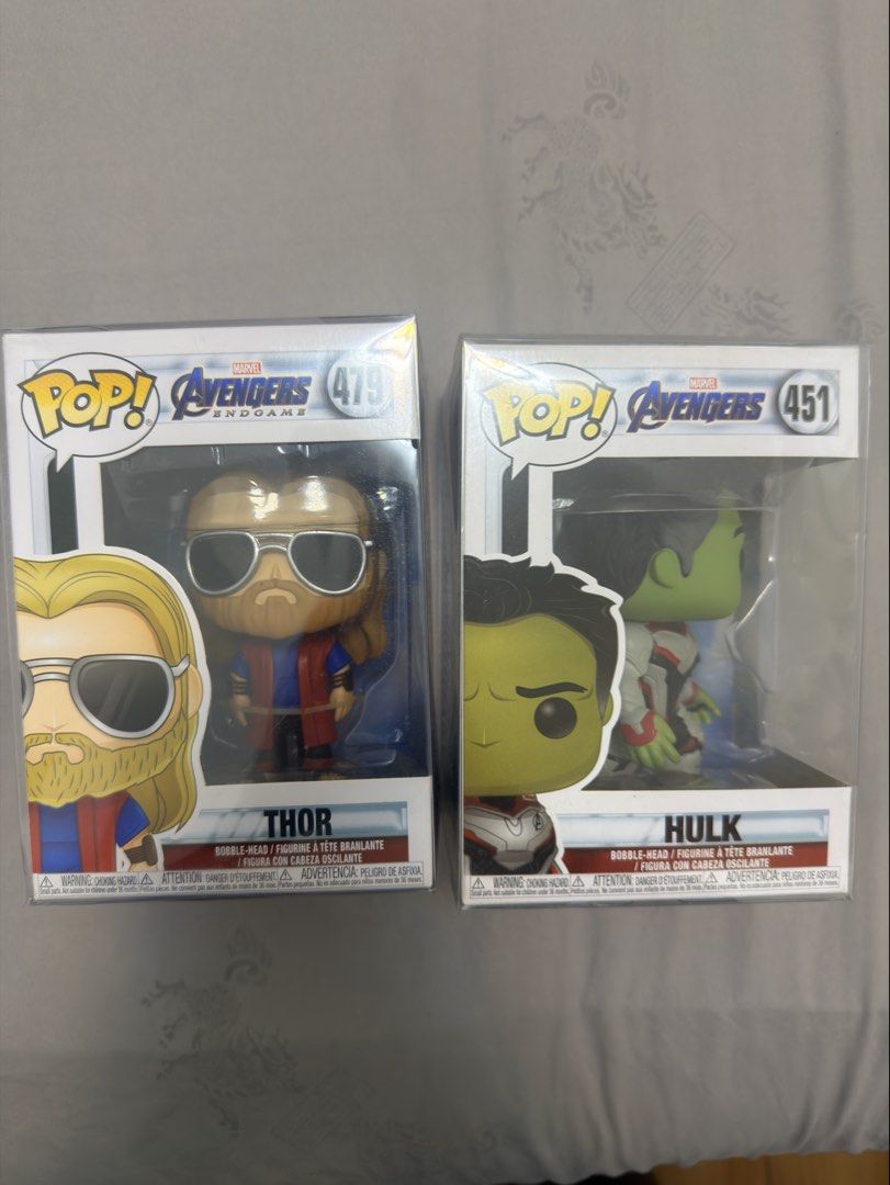 Funko Pop Marvel Avengers Endgame Thor Hulk 479 451 (Category: Designer & Blind Box Toys) located in Valenzuela. Submitted by mannylucas26 (Listing ID 1467479549, Image 1). Description: - Set of 2 Marvel Avengers Endgame Funko Pop figures - Includes Thor (#479) in casual clothes with sunglasses - Includes Hulk (#451) in team suit - Both items are in their original packaging with transparent display windows - Perfect for Marvel collectors and fans