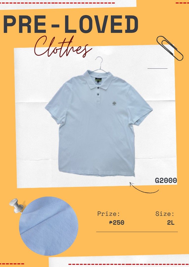 G2000 Light Blue Polo Shirt Size 2L (Category: Tshirts & Polo Shirts ) located in Manila. Submitted by andwiyaa (Listing ID 1467431149, Image 1). Description: - Brand: G2000 - Color: Light blue - Size: 2L - Material: Soft and breathable cotton - Features: Classic collar, button placket, and small embroidered tree logo on the chest - Style: Clean, casual everyday staple that easily pairs with jeans or shorts.