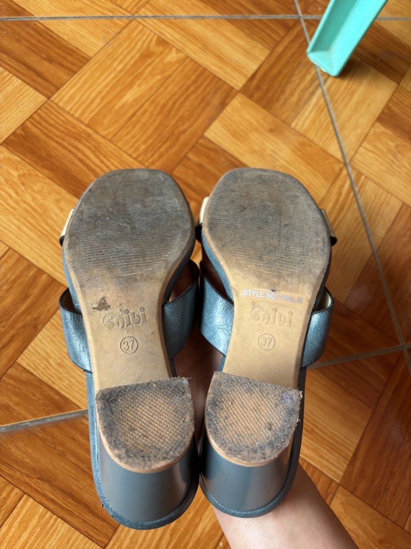 Gibi Thalie Two-Tone Block Heels Size 37 (Category: Heels) located in Balayan. Submitted by authenticfindsbymrb (Listing ID 1467420123, Image 2). Description: - Brand: Gibi (Style: Thalie) - Size: 37 - Design: Two-tone dark grey and light beige crisscross straps with a modern square toe - Comfort: Stable chunky block heel for comfortable height - Condition: Soles show minor wear from previous use, but straps and insoles are fully intact and well-