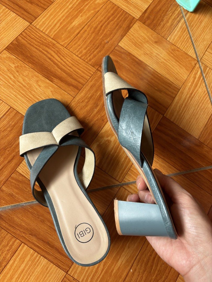 Gibi Thalie Two-Tone Block Heels Size 37 (Category: Heels) located in Balayan. Submitted by authenticfindsbymrb (Listing ID 1467420123, Image 3). Description: - Brand: Gibi (Style: Thalie) - Size: 37 - Design: Two-tone dark grey and light beige crisscross straps with a modern square toe - Comfort: Stable chunky block heel for comfortable height - Condition: Soles show minor wear from previous use, but straps and insoles are fully intact and well-