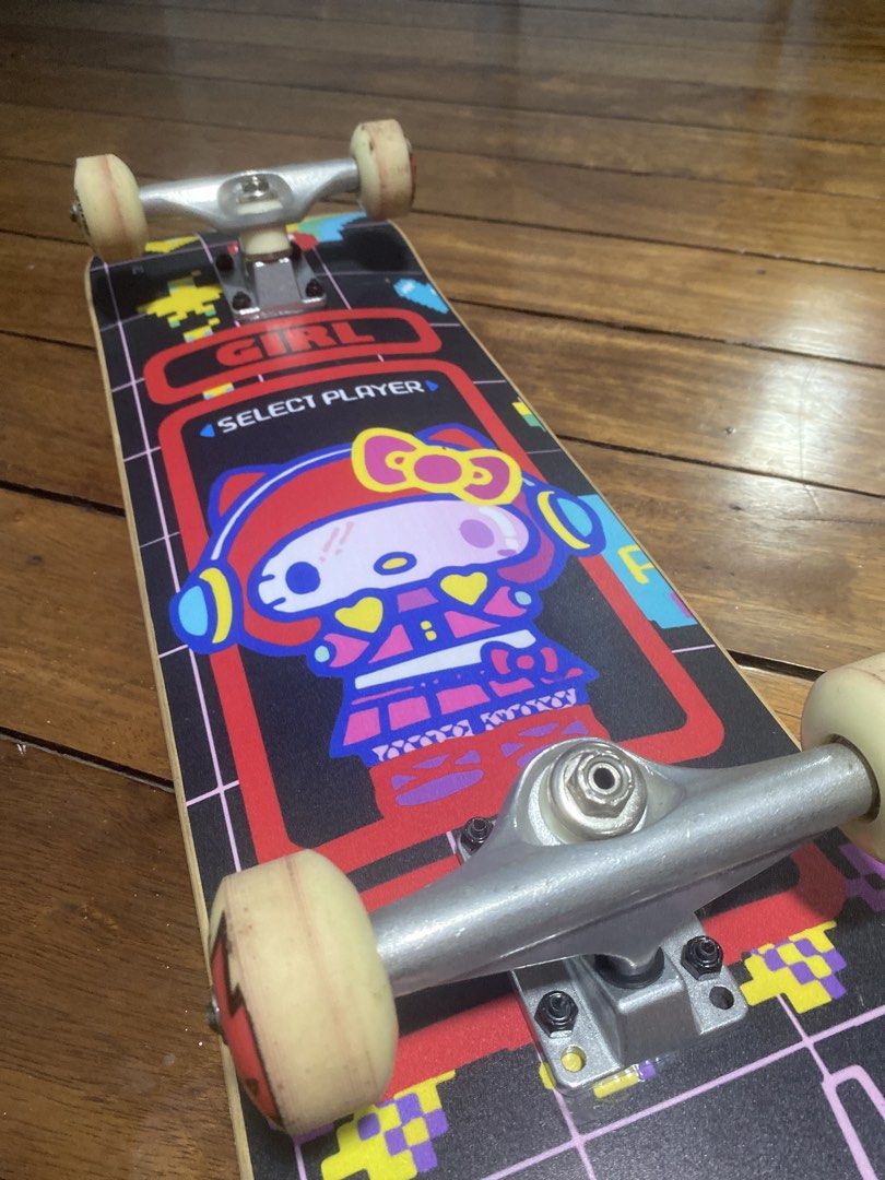 Girl Hello Kitty Arcade Complete Skateboard (Category: Skates, Rollerblades & Scooters) located in Caloocan City. Submitted by gii_i (Listing ID 1467421114, Image 1). Description: - Complete skateboard setup ready to ride or hang as wall art - Retro arcade Kitty pixel art bottom graphic - Pre-applied grip tape with white Grizzly bear cutout logo near the nose - Equipped with reliable silver trucks and clean white wheels - Negotiable.
