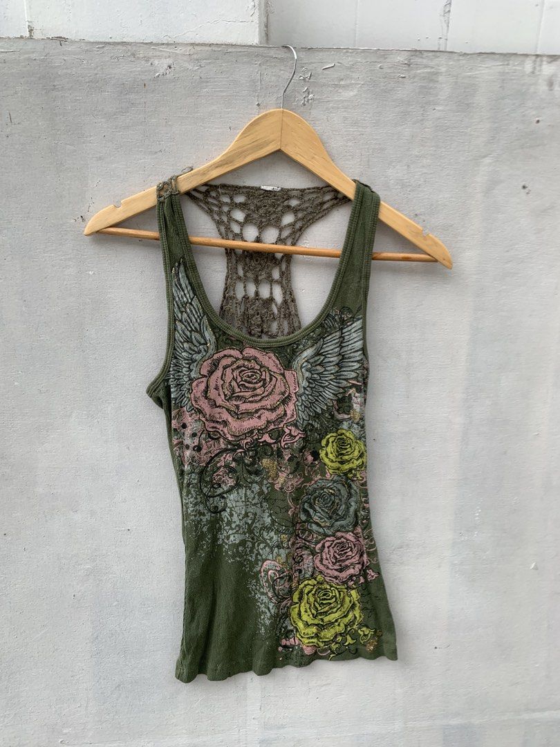 Green Floral Wing Tank Top Crocheted Back (Category: Sleeveless) located in Muntinlupa City. Submitted by pink.poppies (Listing ID 1467451205, Image 1). Description: - so prettyyy omg .