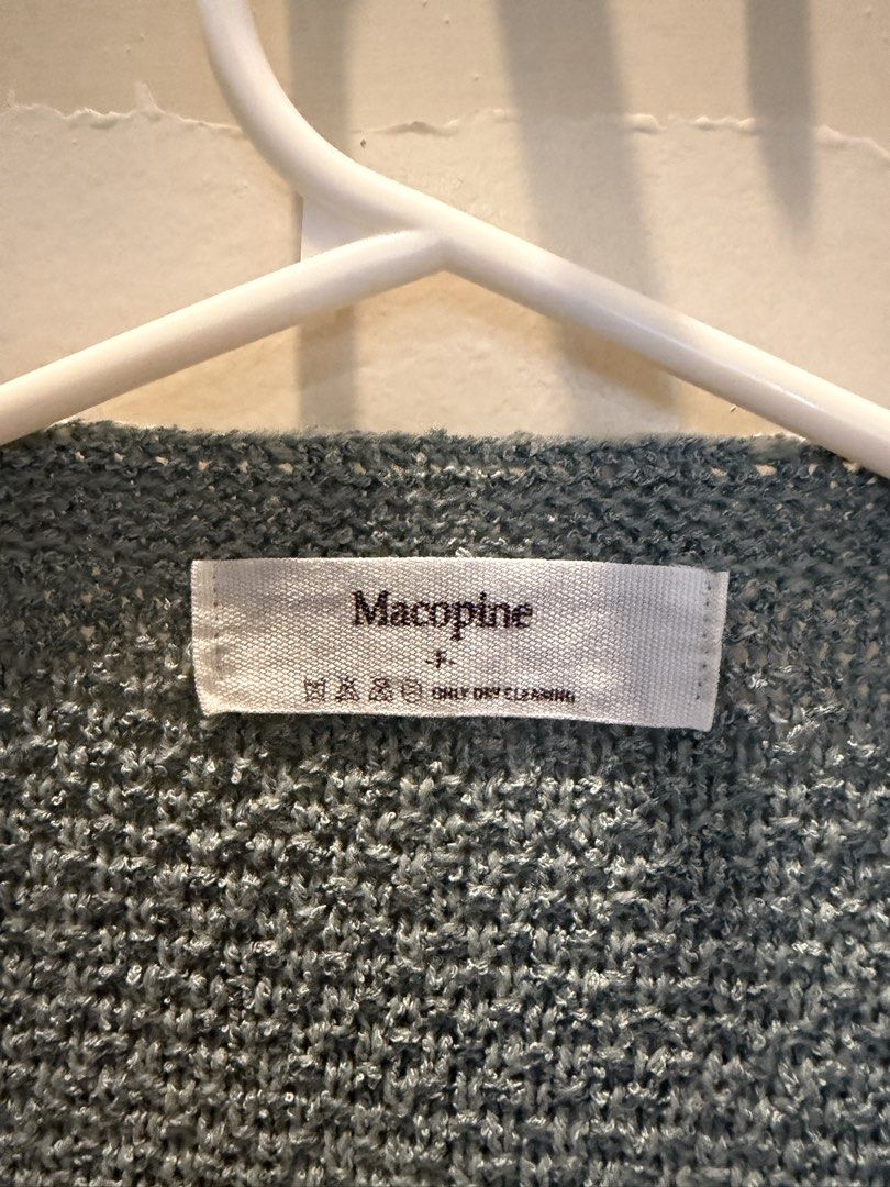 Green Knit V-Neck Sweater Vest (Category: Coats, Jackets and Outerwear) located in Manila. Submitted by db_collective (Listing ID 1467598559, Image 2). Description: - Brand/Style: Macopine sweater vest - Color: Green - Size: FS (can fit large) - Details: V-neck, white front button closure, cable knit pattern, textured diamond stitching - Ideal for: Warm layering in cool weather.