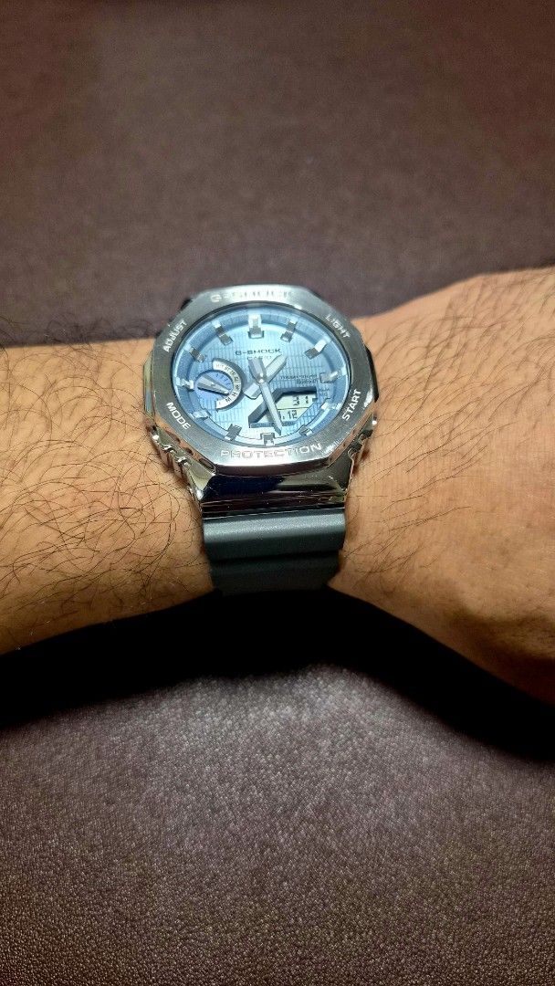 G-SHOCK GBM-2100A-1A2 "CasiOak" with Solar & Bluetooth (Category: Men's Watches) located in Quezon City. Submitted by themarvin_69 (Listing ID 1467509733, Image 2). Description: G-SHOCK GBM-2100A-1A2 "CasiOak" with Solar & Bluetooth Php11,499 Condition: 9/10 Selling this stunning Casio G-Shock GBM-2100A-1A2 from the G-Steel series. It features a premium polished metal octagonal bezel paired with an eye-catching light blue metallic textured dial. 