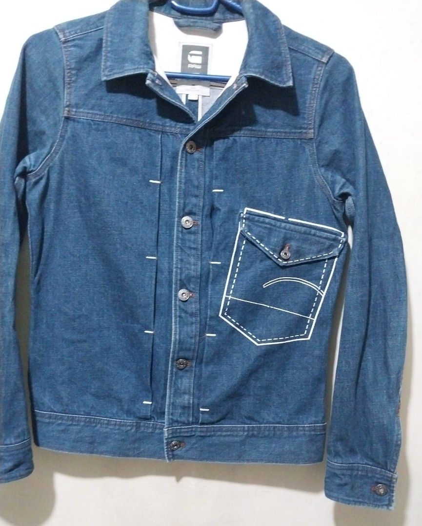 G-Star RAW Denim Jacket Dark Blue (Category: Coats, Jackets and Outerwear) located in Manila. Submitted by PrinceDani.Clothing (Listing ID 1467550666, Image 3). Description: g star raw denim jacket small 19in width 24in length issue: yellow stain inner collar excellent condition .