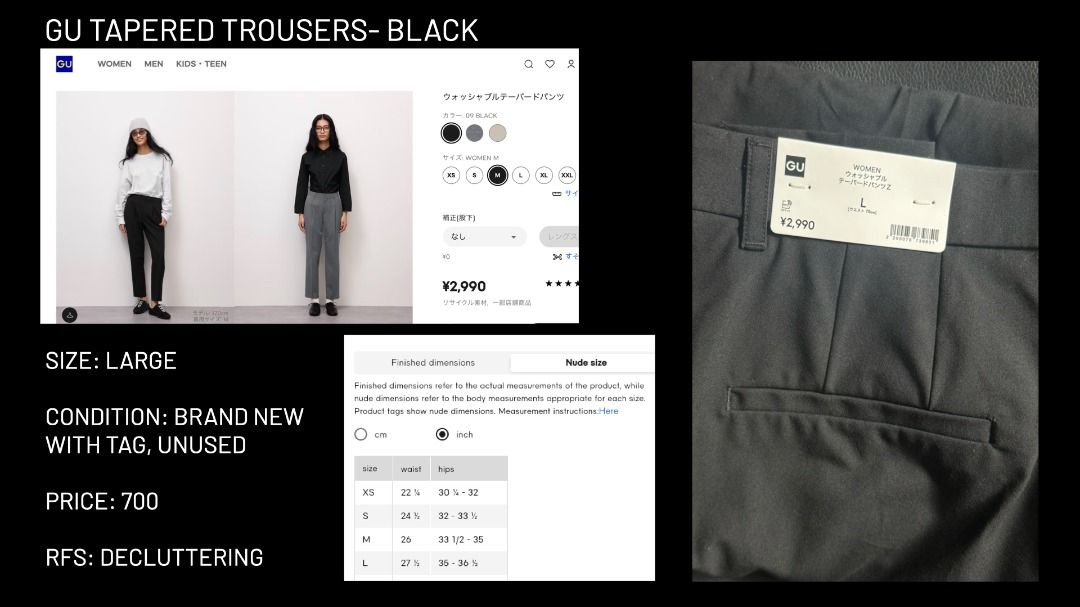GU Tapered Trousers Black Size Large (Category: Other Bottoms) located in Makati City. Submitted by joy.oriioo (Listing ID 1467389462, Image 1). Description: - Brand: GU - Item: Tapered Trousers - Color: Black - Size: Large - Condition: Brand new with original store tags - Features: Clean fit, versatile everyday basic staple - Reason for selling: Wardrobe decluttering.