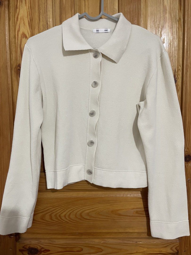 GU white knitted collared cardigan size S (Category: Coats, Jackets and Outerwear) located in Baguio. Submitted by gbwardrobe (Listing ID 1467391816, Image 1). Description: - Brand: GU - Size: S - Color: Neutral off-white - Material/Texture: Clean knit texture - Design: Classic collar, front button closure, long sleeves, ribbed cuffs and hem - Condition: Great pre-loved condition - Perfect for layering in cool weather and easily matches jeans, sk