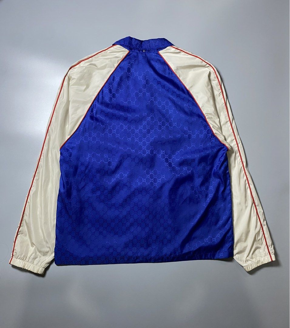 Gucci GG Jacquard Windbreaker (Category: Coats, Jackets and Outerwear) located in Makati City. Submitted by earnx_ (Listing ID 1467363721, Image 2). Description: Gucci GG Jacquard Windbreaker - Size 50 on tag - Dimension is 22x26 - Authentic/Legit - Issue no hood only - Need wash (with some small stains on sleeves only).