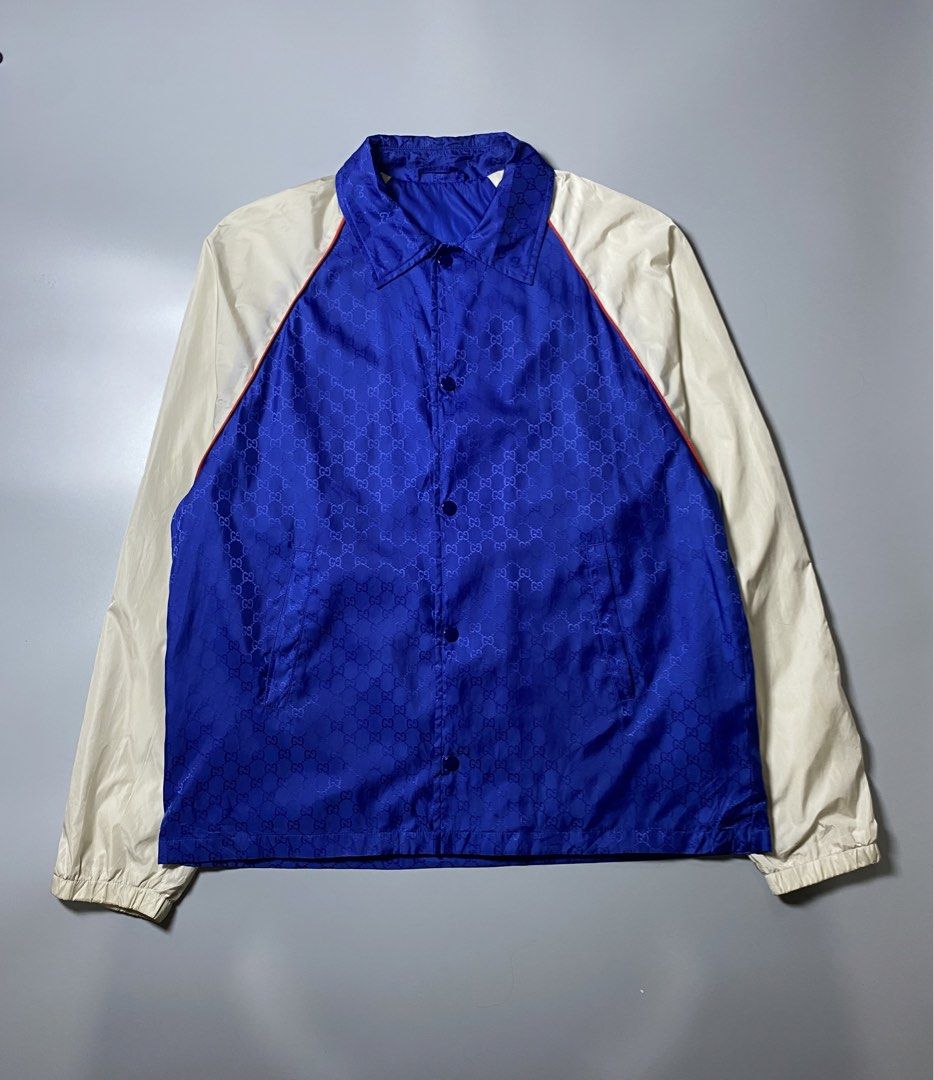 Gucci GG Jacquard Windbreaker (Category: Coats, Jackets and Outerwear) located in Makati City. Submitted by earnx_ (Listing ID 1467363721, Image 1). Description: Gucci GG Jacquard Windbreaker - Size 50 on tag - Dimension is 22x26 - Authentic/Legit - Issue no hood only - Need wash (with some small stains on sleeves only).