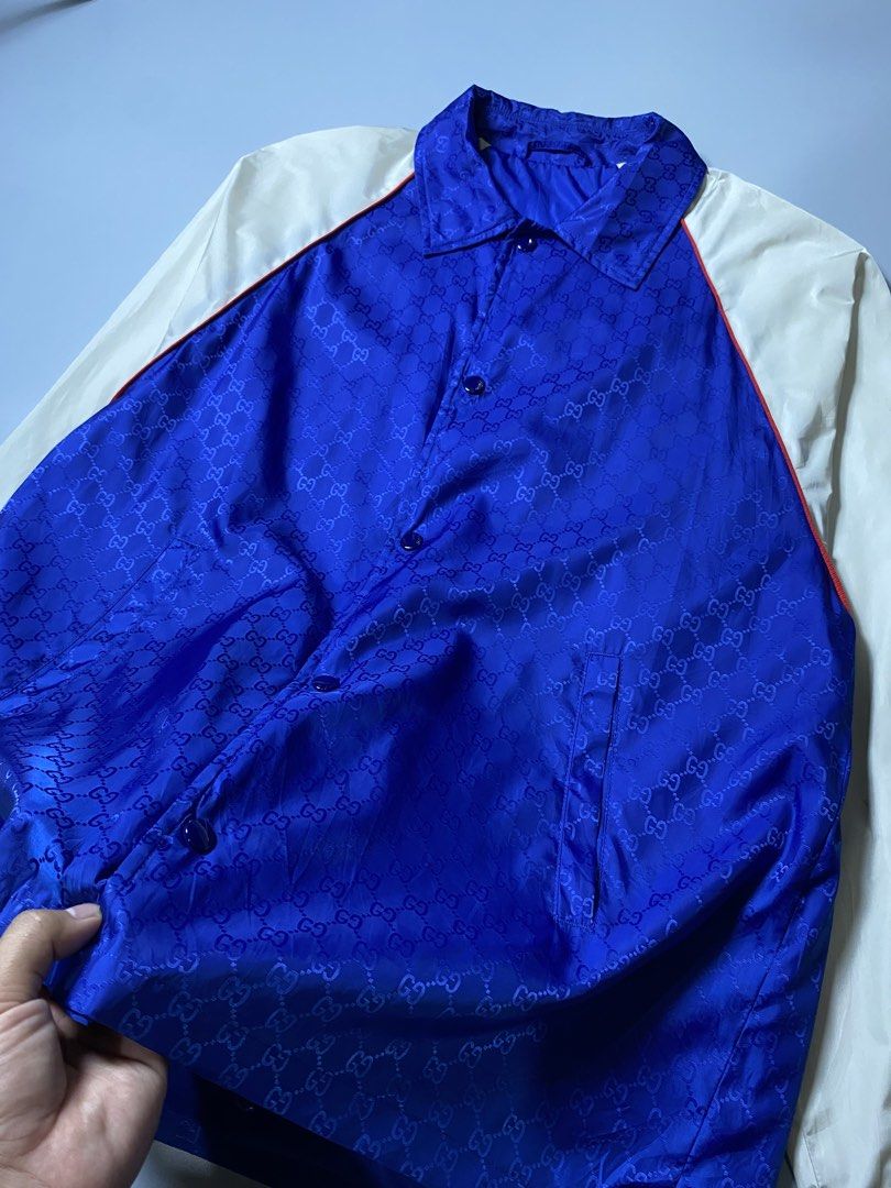Gucci GG Jacquard Windbreaker (Category: Coats, Jackets and Outerwear) located in Makati City. Submitted by earnx_ (Listing ID 1467363721, Image 3). Description: Gucci GG Jacquard Windbreaker - Size 50 on tag - Dimension is 22x26 - Authentic/Legit - Issue no hood only - Need wash (with some small stains on sleeves only).