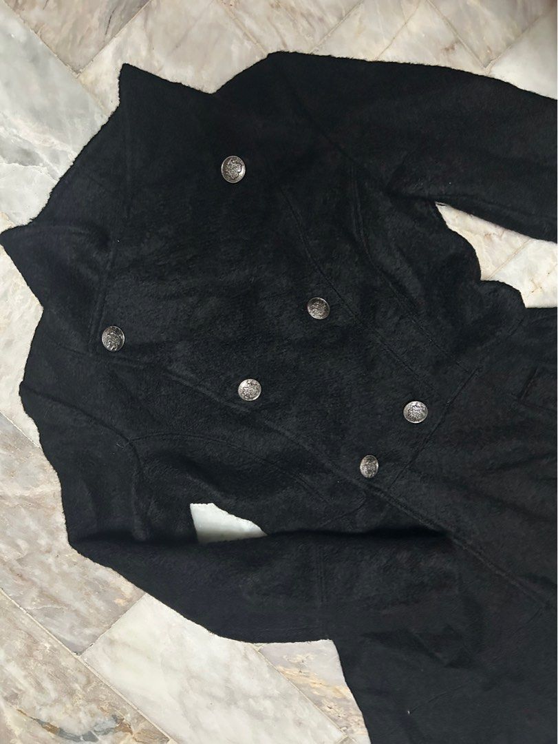 Guess Black Wool Pea Coat (Category: Coats, Jackets and Outerwear) located in Paranaque City. Submitted by jeanfrommanila (Listing ID 1467528179, Image 2). Description: - Brand/Model: Guess winter coat - Size: S - Color: Black with textured fabric - Design: Two way, Double-breasted front with original Guess silver buttons - Cut: High structured collar and flared peplum waistline - Interior: Fully lined - Fabric: Heavyweight, for winter/autumn - C
