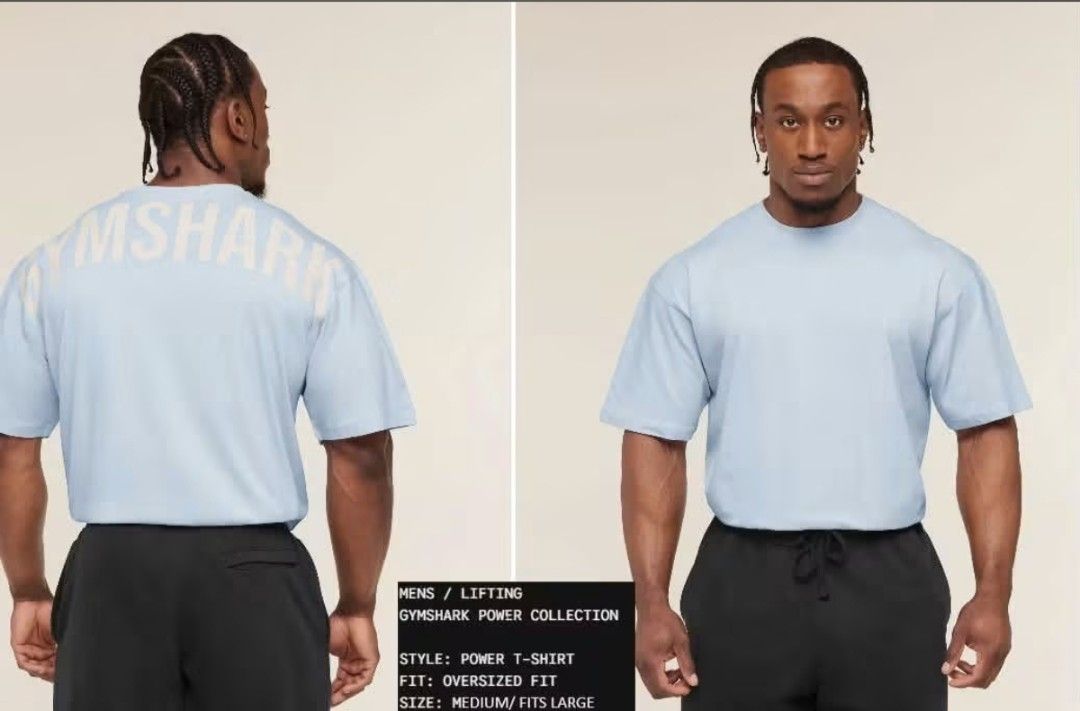 Gymshark Power T-Shirt Light Blue Medium (Category: Tshirts & Polo Shirts ) located in Las Pinas. Submitted by mojoejoejoe2 (Listing ID 1467377016, Image 1). Description: - Brand: Gymshark (Power t-shirt) - Color: Light blue - Size: Medium (tagged as oversized, fits like a Large) - Condition: Brand new, still sealed in original plastic packaging with barcode sticker - Features: Oversized fit, Gymshark branding across the back shoulders.