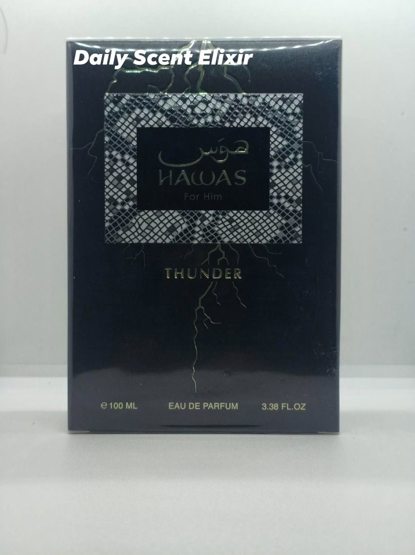 Hawas Thunder EDP 100ml - Brand New Sealed Box (Category: Fragrance & Deodorants) located in Malolos. Submitted by dse-mefragrance.malolos (Listing ID 1467547791, Image 1). Description: Hawas Thunder EDP 100ml - Brand New Sealed Box - Main Accords: Citrus and fresh spicy - Top Notes: Bergamot, apple, ginger - Middle Notes: Spicy notes - Base Notes: Woody notes, amber - We do have decant sample for you to smell to avoid blind buying - 100% Origina