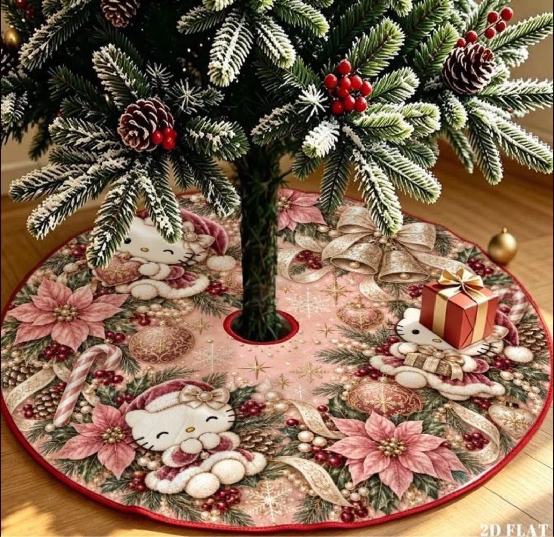 Hello Kitty Christmas Tree Skirt Holiday Decor (Category: Skirts) located in Manila. Submitted by janetecson05 (Listing ID 1467489343, Image 3). Description: - Adorable Kitty design featuring pink poinsettias, pinecones, and festive holiday ribbons - Circular mat style with a convenient center opening and slit for easy placement - Equipped with secure straps to easily fasten around the tree base - High-quality, vibrant printing that stands out - 