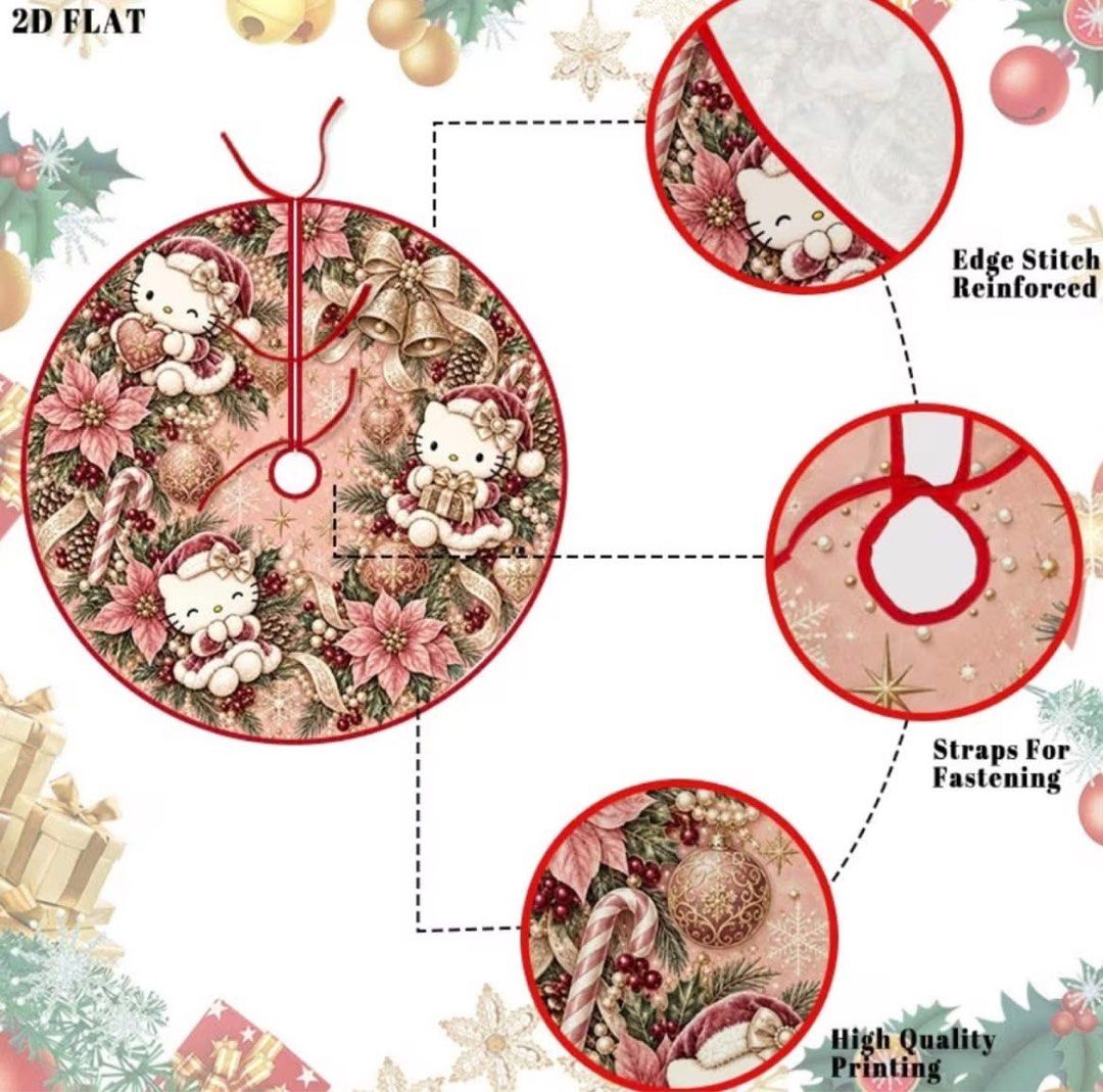 Hello Kitty Christmas Tree Skirt Holiday Decor (Category: Skirts) located in Manila. Submitted by janetecson05 (Listing ID 1467489343, Image 2). Description: - Adorable Kitty design featuring pink poinsettias, pinecones, and festive holiday ribbons - Circular mat style with a convenient center opening and slit for easy placement - Equipped with secure straps to easily fasten around the tree base - High-quality, vibrant printing that stands out - 