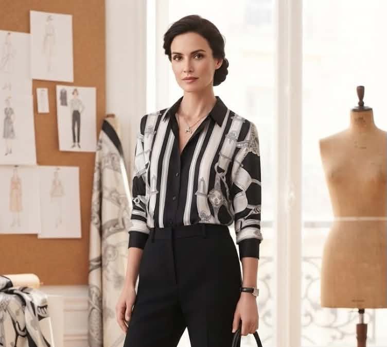 Hermes Black and White Silk Button-Down Shirt (Category: Blouses) located in Cabuyao City. Submitted by laguna_thrifter (Listing ID 1467514414, Image 1). Description: - Brand: Hermes - Color: Black and White - Material: Smooth silk with vertical striped details - Design: Intricate equestrian belt and harness print - Features: Long sleeves with button cuffs, classic collar, and front button closure - Size: 18x36 - Condition: Clean luxury designer 