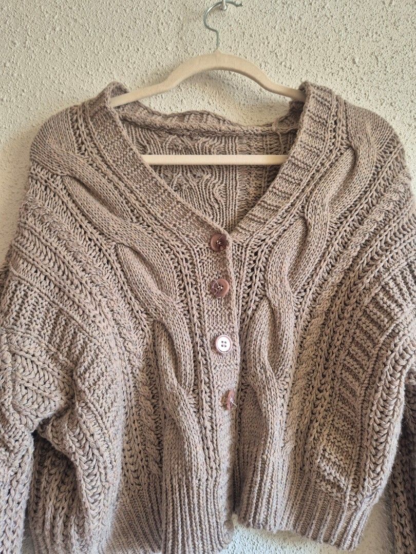High Quality Knit Cardigan M-L (Category: Coats, Jackets and Outerwear) located in Manila. Submitted by belovedbyjess (Listing ID 1467408455, Image 3). Description: - Color: Versatile mocha brown - Design: Classic cable knit pattern on front and back - Details: Button-down front with matching tortoiseshell buttons - Fit: Relaxed balloon sleeves with comfortable ribbed cuffs - Feel: Heavyweight, premium quality construction - Use: Perfect cozy lay