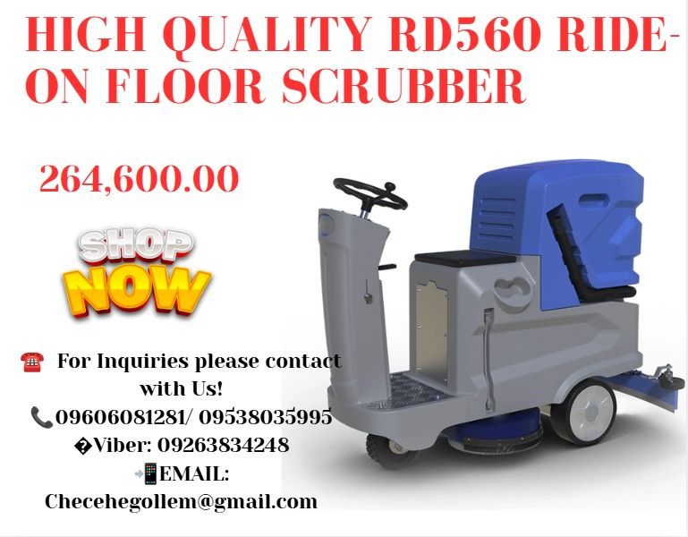 high quality RD560 RIDE-ON FLOOR SCRUBBER (Category: Everything Else Others) located in Aroroy. Submitted by 09602831019 (Listing ID 1467372325, Image 1). Description:  Working width: 560mm  Squeegee width: 850mm  Cleaning efficiency: 3600m²/h  Max. Forward Speed: 4.5km/h  Brush Pressure:40kg  Brush RPM: 175rpm  Solution tank: 75L  Recovery tank: 85L  Brush motor power: 550w  Suction motor power: 550w  Traction motor power: 400W  Volt