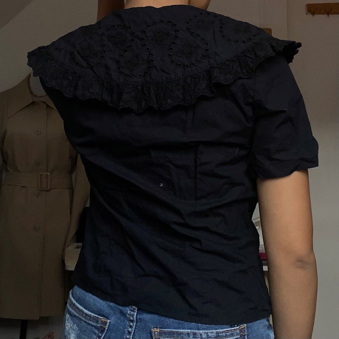 H&M Black Blouse with Embroidered Collar (Category: Blouses) located in Santa Rosa. Submitted by 07mkl (Listing ID 1467395452, Image 2). Description: H&M • blouse top • Condition: 9/10 • Size: xs • Flaws: none • Color: Black ₱130✨.