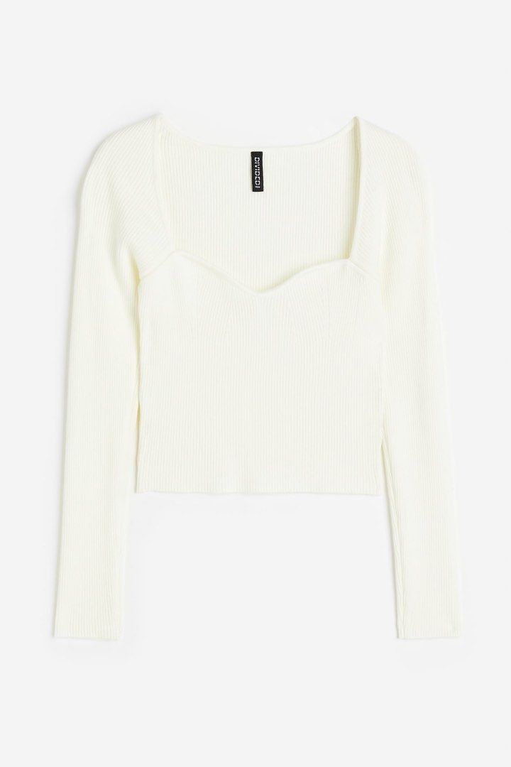 H&M Bustier Ribbed Knit White Top (Category: Longsleeves) located in Cabanatuan. Submitted by thriftby_zy (Listing ID 1467504268, Image 2). Description: Maganda tooo Size: Small | Stretchable fabric.