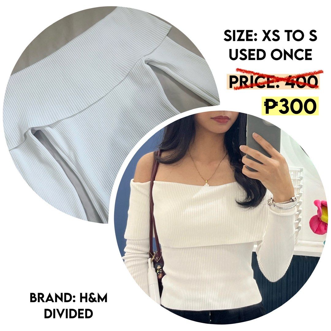 h&m divided off shoulder top (Category: Longsleeves) located in San Mateo. Submitted by bei.bns (Listing ID 1467369813, Image 1). Description: fits xs to s used once.