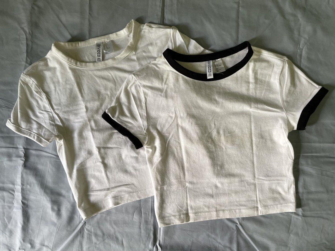 H&M Divided White and Black Ringer T-Shirts Bundle (Category: Shirts) located in Naga. Submitted by threads_and_treats92 (Listing ID 1467390504, Image 1). Description: - Brand: H&M Divided - Size: S - Set includes: 1 plain white t-shirt and 1 white ringer tee with black contrast trim (₱200 for both) - Condition: Great shape with clear tags attached inside the collar *3rd photo: Washable yellowish stain.