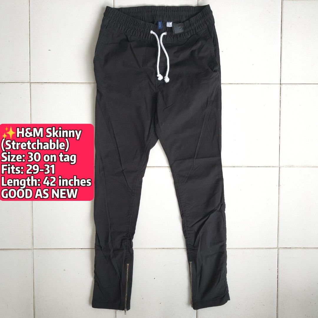 H&M Skinny Stretchable Pants Size 30 (Category: Jeans) located in Tagum. Submitted by rednaxer05 (Listing ID 1467458841, Image 1). Description: - Brand: H&M - Color: Black - Size: Tagged 30, fits 29 to 31 comfortably - Material: Very stretchable fabric - Length: 42 inches - Features: Elastic waistband, white drawstring, and trendy ankle zippers - Condition: Clean all over, well-maintained.