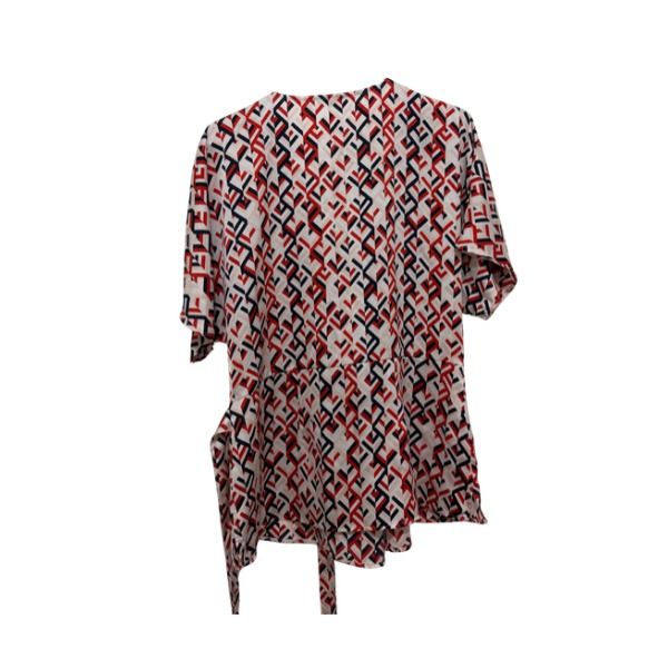 Iconic Geometric Print Wrap Blouse Size 16 (Category: Blouses) located in San Fernando. Submitted by lovingthings1 (Listing ID 1467389061, Image 2). Description: - Brand: Iconic - Size: 16 - Design: Geometric pattern in red, navy, and white - Style: V-neck wrap top with short sleeves and matching side tie belt - Fabric: Lightweight and comfortable - Versatility: Perfect for casual days or office wear.