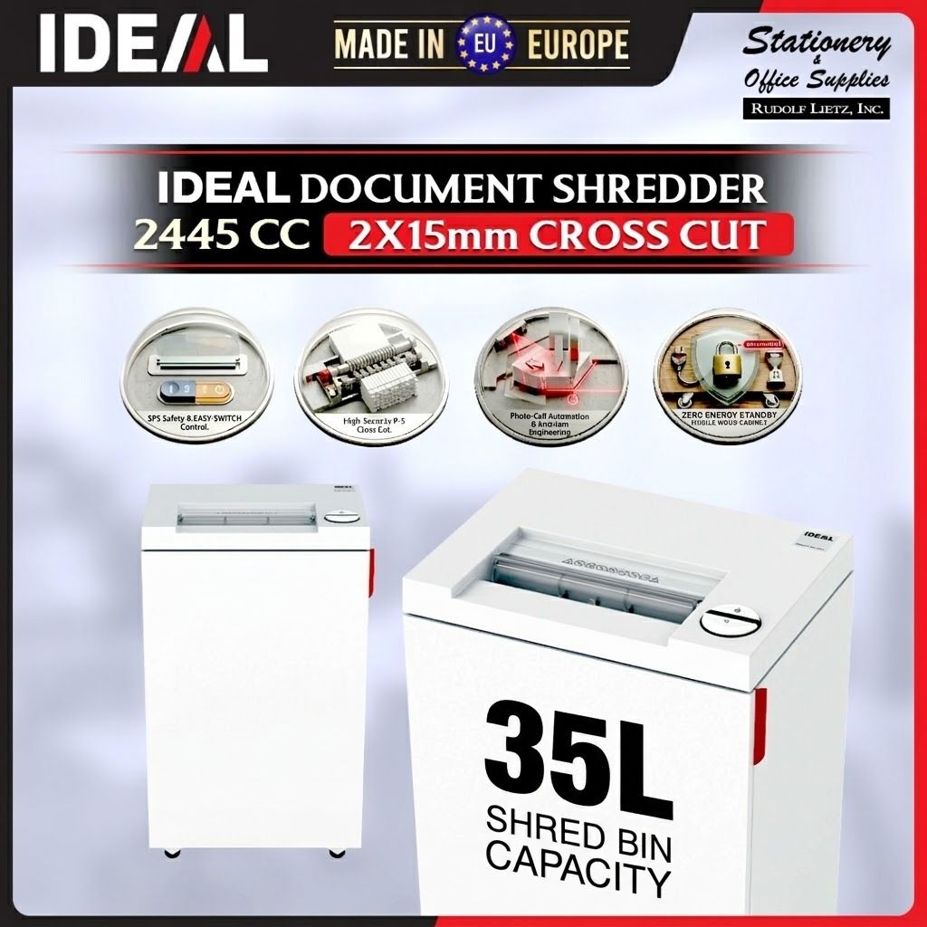 IDEAL 2445 CC Cross Cut Document Shredder P-5 (Category: Office & Business Technology) located in Paranaque City. Submitted by rudolflietzinc (Listing ID 1467401881, Image 1). Description: - Model: IDEAL 2445 CC Professional Document Shredder - High Security: Cross-cuts paper down to 2 x 15 mm (P-5 security level for sensitive data) - Large Capacity: 35-liter shred bin means fewer trips to empty - Durable Build: Solid steel blade shafts with a li