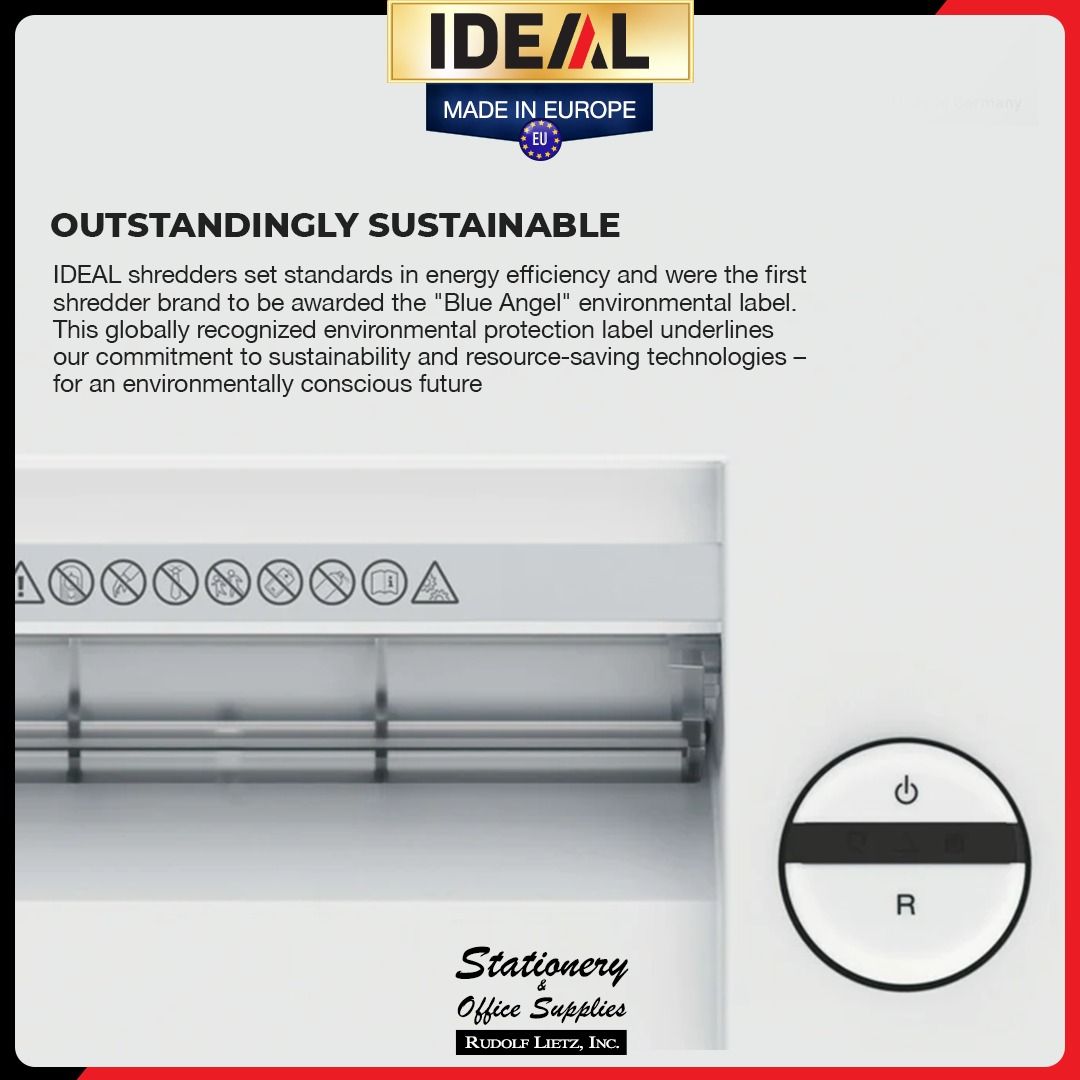 IDEAL 2445 SC Document Shredder 4mm Strip Cut (Category: Office & Business Technology) located in Paranaque City. Submitted by rudolflietzinc (Listing ID 1467410704, Image 3). Description: - Heavy-duty European paper shredder by Rudolf Lietz, Inc. - 35L shred bin capacity for high-volume office waste - Secure 4mm strip-cut blades for reliable document disposal - Equipped with smart safety controls and auto-reverse function - Eco-friendly zero ene