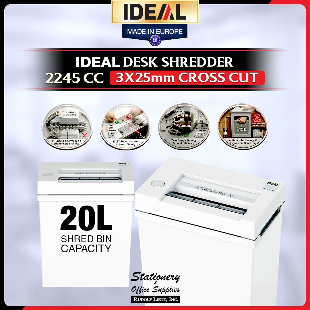 IDEAL Desk Shredder 2245 CC Cross Cut (Category: Office & Business Technology) located in Paranaque City. Submitted by rudolflietzinc (Listing ID 1467400568, Image 1). Description: - Premium European quality desktop paper shredder - Secure cross-cut mechanism with 3x25mm output size - Shreds up to 11 sheets per pass - Generous 20-liter shred bin capacity - Easy-touch multi-function switch with LED status indicators - Built-in safety flap and auto