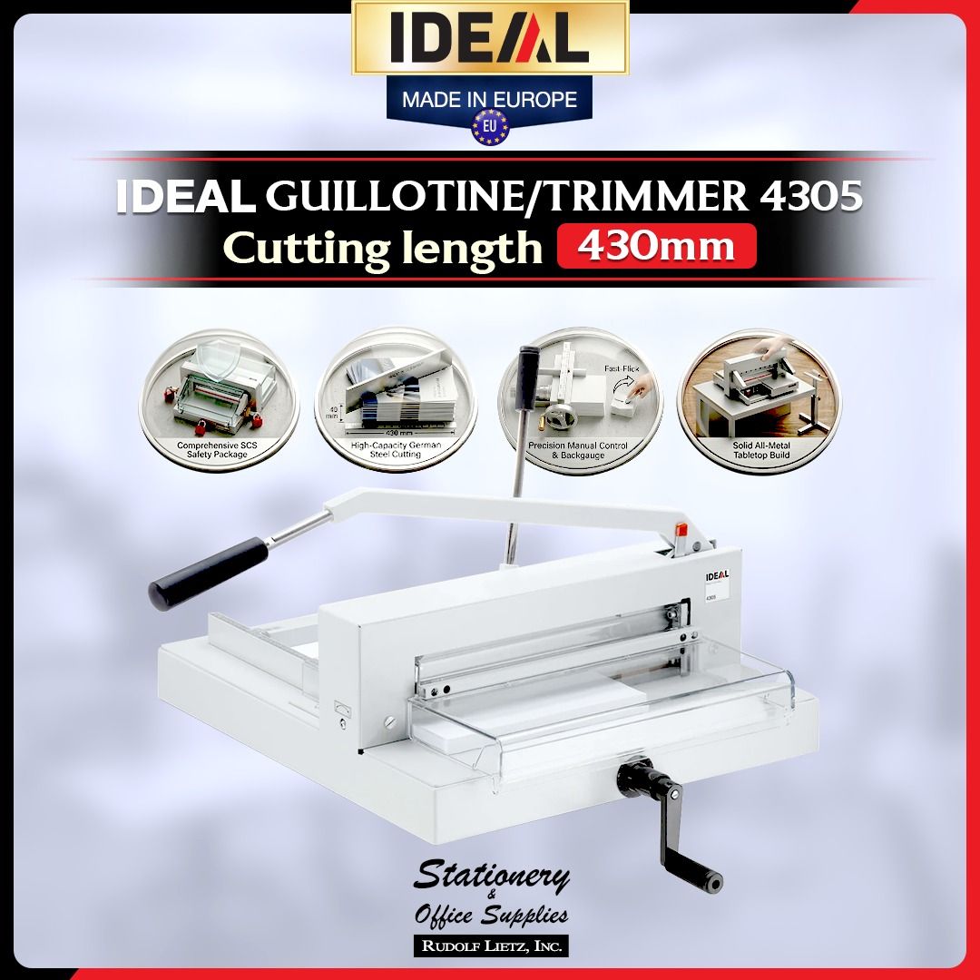 IDEAL Guillotine / Trimmer 4305 (Category: Craft Supplies & Tools) located in Paranaque City. Submitted by rudolflietzinc (Listing ID 1467406119, Image 1). Description: - Heavy-duty professional paper cutter with a durable German steel blade - Cuts up to 400 to 500 sheets of paper at once - 430mm cutting length, perfect for formats up to DIN A3 size - Built-in Safety Cutting System with auto-locking transparent guard and blade lever lock - Quick-