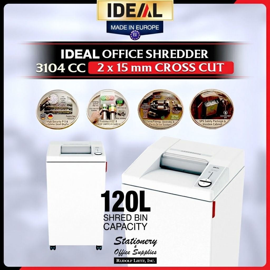 IDEAL Office Shredder 3104 CC Cross Cut (Category: Office & Business Technology) located in Paranaque City. Submitted by rudolflietzinc (Listing ID 1467405722, Image 1). Description: - Heavy-duty European-made office shredder - Secure 2 x 15 mm cross-cut shredding - Large 120-litre shred bin capacity - Solid steel cutting blades for heavy workloads - Patented safety controls and automatic energy savings - Stylish wooden cabinet design with smooth