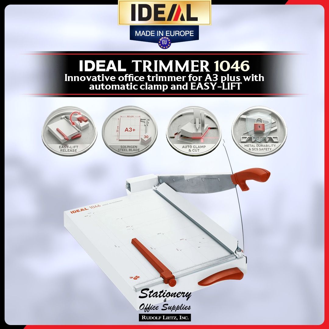 IDEAL Trimmer 1046 A3 Plus Office Paper Cutter (Category: Craft Supplies & Tools) located in Paranaque City. Submitted by rudolflietzinc (Listing ID 1467399979, Image 1). Description: - Professional A3+ office paper trimmer made in Germany - Premium Solingen steel blade set for precision cutting - Automatic clamp and EASY-LIFT release lever for effortless operation - Robust all-metal construction with transparent safety guard - Includes mm/inches