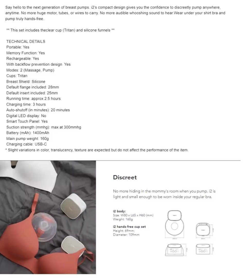 Imani i2 Hands-Free Electric Breast Pump Set (Category: Breastfeeding & Bottle Feeding) located in Quezon City. Submitted by csdav (Listing ID 1467423156, Image 2). Description: Imani i2 W/ 4 pairs of cups (total 8 cups) Last used - July 2025 Location - Baesa, QC / Tondo, Manila.