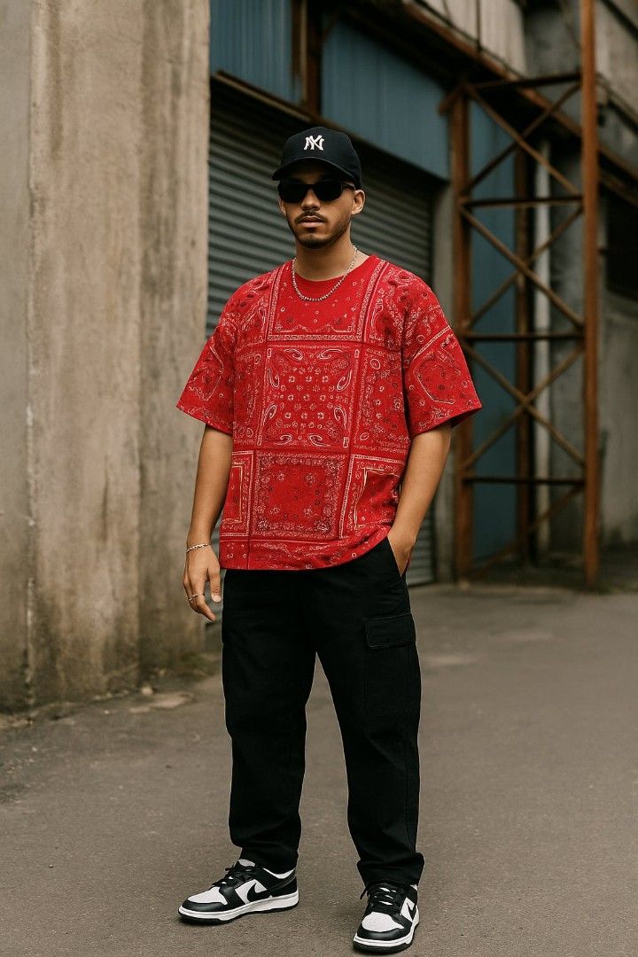 IMP "BANDANA" SHIRT (RED) (Category: Tshirts & Polo Shirts ) located in Tabuk. Submitted by gooddropsofficial (Listing ID 1467392365, Image 1). Description: IMP "BANDANA" SHIRT (RED) ▪️ WIDTH: 23.5" ▪️ LENGTH: 30" ▪️ SIZE: L-XL FIT ▪️ COLOR RATE: 10/10 ▪️ CONDITION: 9.8/10 ▪️ ISSUE: CHECK LAST PIC. DI HALATA AND MALIIT LANG ▪️ WASHED AND READY TO USE.