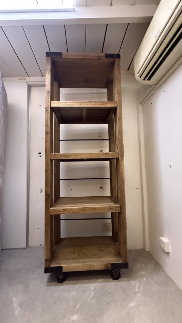Industrial Wooden Storage Shelf with Wheels, Furniture & Home Living ...