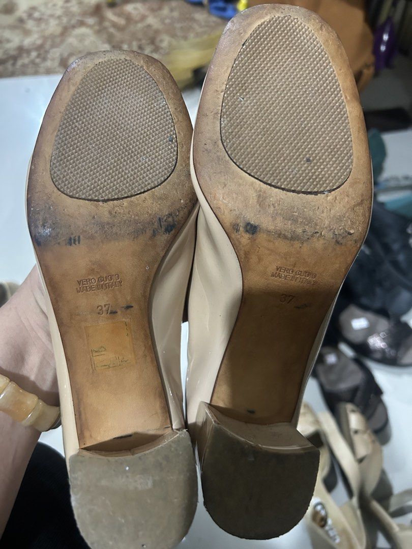 Inter -Chaussures made in italy (Category: Heels) located in Cavite. Submitted by cecitrifthshop (Listing ID 1467469264, Image 2). Description: The image shows Inter-Chaussures beige patent leather pumps featuring a square toe and a prominent metallic square buckle size 37 made in italy .