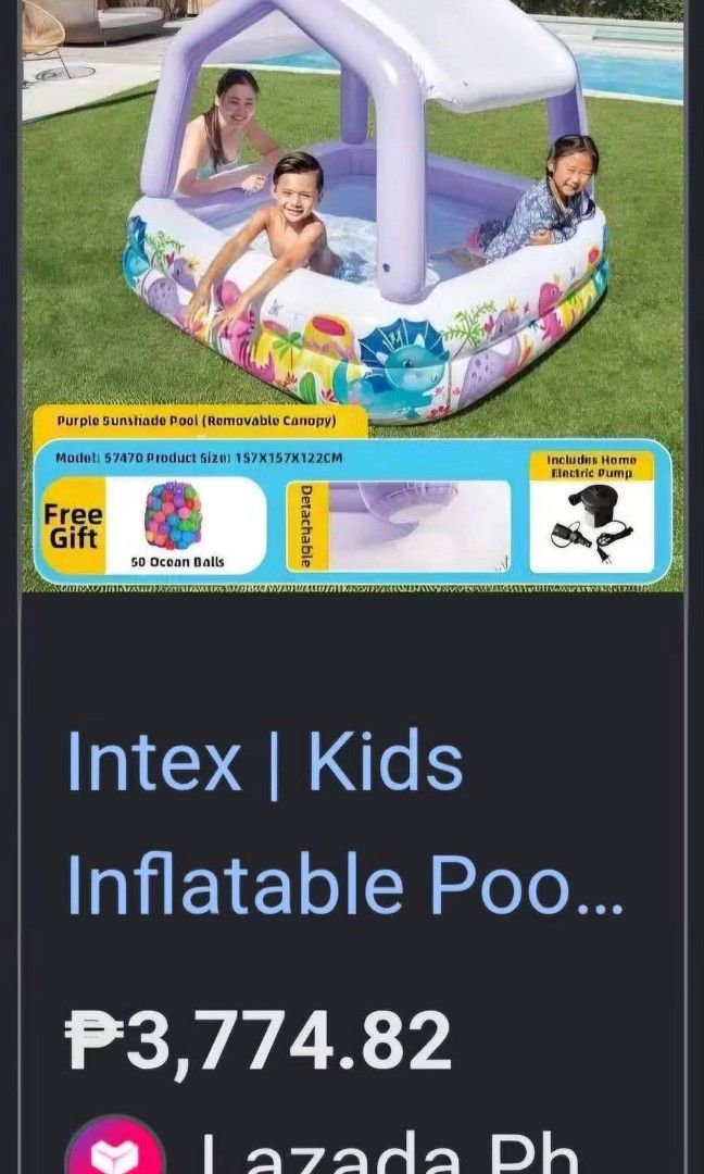 INTEX DURABLE FAMILY SPLASH POOL WITH SUNSHADE CANOPY (Category: Other Babies Going Out Needs) located in Sablan. Submitted by gongonshelley12 (Listing ID 1467404349, Image 2). Description: 🏖️💦 INTEX DURABLE FAMILY SPLASH POOL WITH SUNSHADE CANOPY ✅ COLORFUL OCEAN DESIGN ✅ BUILT-IN SUNSHADE CANOPY PARA PROTECTION SA INIT NG ARAW ✅ HEAVY-DUTY MATERIAL — MATIBAY AT SAFE PARA SA MGA BATA ✅ EASY TO SET UP AND STORE — INFLATABLE DESIGN!📏 SIZE: 62” 