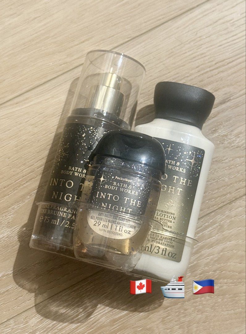 Into the Night Travel size set (Category: Body Care) located in Balungao. Submitted by kateee21 (Listing ID 1467384957, Image 1). Description: ✅ 💯 Original/ Bath and Body Works Canada 🇨🇦 store bought 📌📌📌 Available PINAS 🇵🇭 ON HAND 🛳 Shipped from Canada 🇨🇦 to Philippines 🇵🇭 via sea cargo 📦; Local Shipping fee c/o buyer.