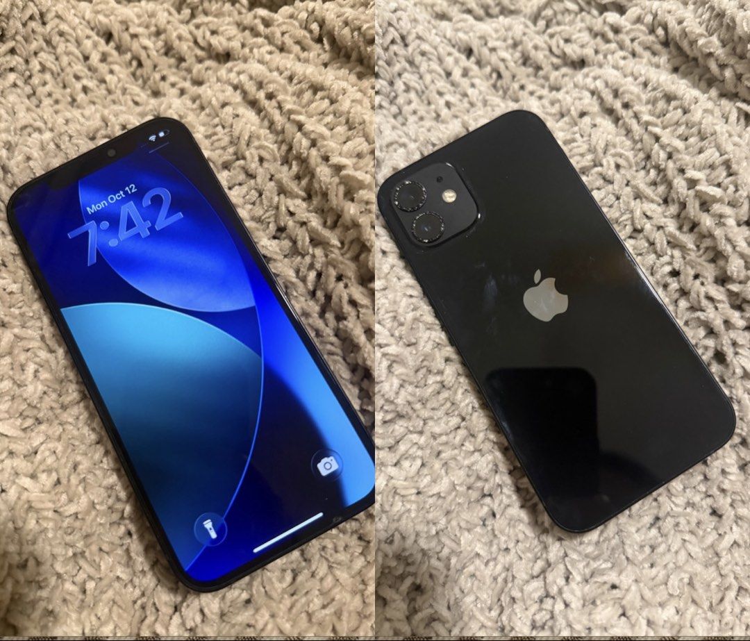 iPhone 12, 128GB (Category: iPhone 12 Series) located in Pasig City. Submitted by littlekissesss (Listing ID 1467536539, Image 1). Description: iPhone 12 Black 128GB Battery health: 80% No sim restrictions Face ID working True tone working Everything works well Spare phone.