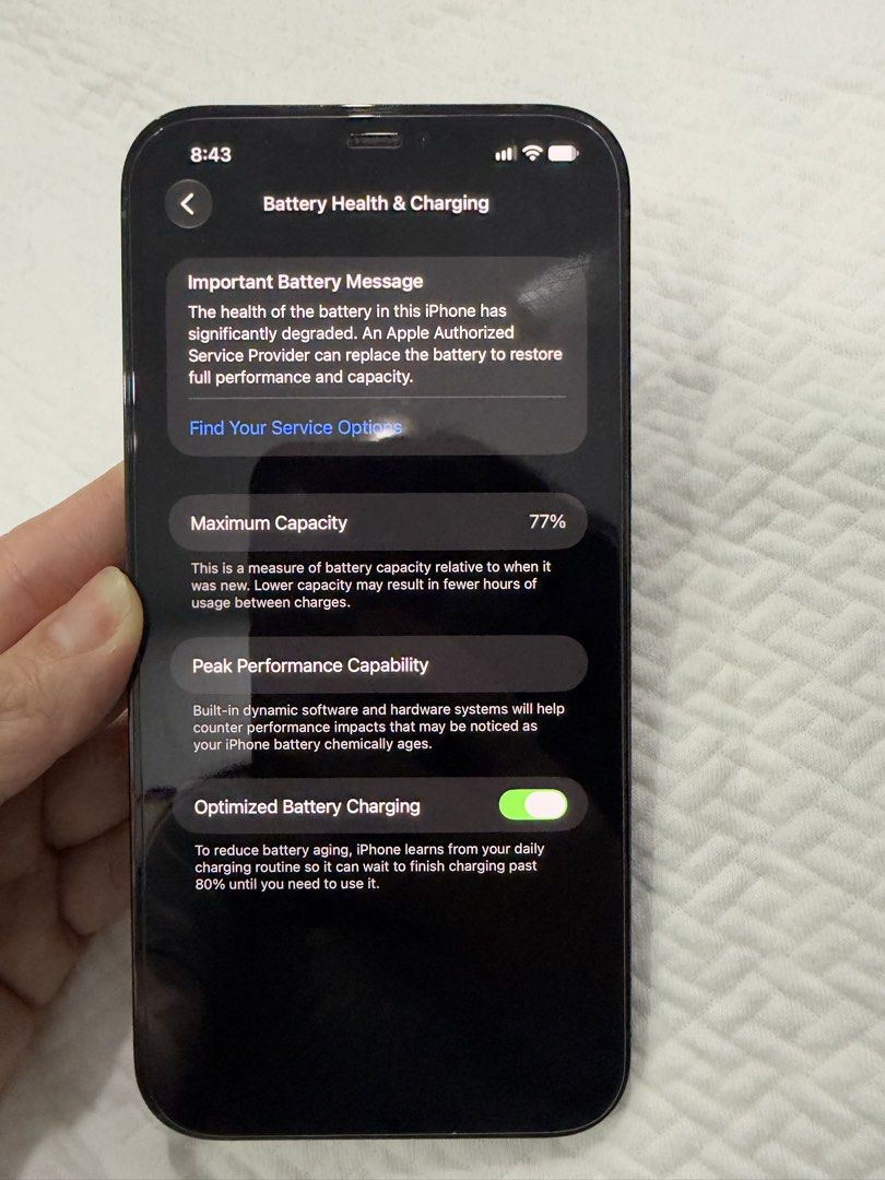 Iphone 12 pro max 256gb (Category: iPhone 12 Series) located in Quezon City. Submitted by nix0168 (Listing ID 1467501603, Image 2). Description: Iphone 12 pro max 256gb *No lowballers please* No issues No dents or scratches Never been repaired. Battery health 77% No box. Will include charging brick and cable.