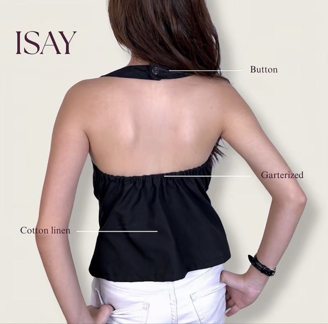 ISAY Maroon Halter Top Cotton Linen (Category: Sleeveless) located in Las Pinas. Submitted by kathhsantoss (Listing ID 1467480540, Image 3). Description: - Used only once - Measurements: Width: 15-18in Length: 16in - Material: Breathable cotton linen fabric - Design: Halter top with button closure at the neck - Fit: Garterized back for added comfort with a flare style body.