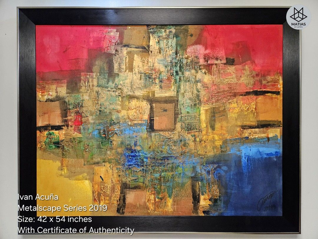 Ivan Acuña Metalscape Series 2019 (Category: Art & Prints) located in Calamba. Submitted by Matias.art (Listing ID 1467567935, Image 1). Description: - Artist: Ivan Acuña - Series: Metalscape Series (2019) - Size: Large, 42 x 54 inches - Style: Textured abstract with red, blue, and gold tones - Condition/Details: Signed by the artist at the lower right corner - Framing: Sleek black border - Provenance: Includes Certificate of Authenticity from Ma