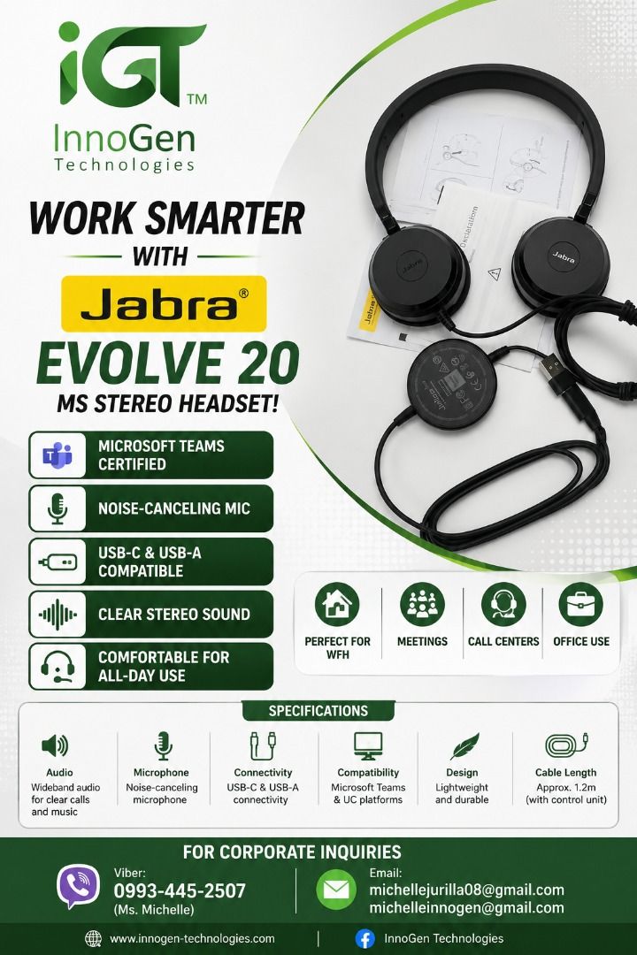 Jabra Evolve 20 MS Stereo Headset MS with USB-C/A Adapter (Category: Headphones & Headsets) located in Caloocan City. Submitted by michellejurilla.01 (Listing ID 1467409582, Image 1). Description: JABRA EVOLVE 20 VERSION A – AVAILABLE NOW! Stereo MS with USB-C/A Adapter WORK SMARTER. SOUND CLEARER. STAY PROFESSIONAL! Looking for a dependable headset for your office calls, online meetings, BPO work, or work-from-home setup? The Jabra Evolve 20 Ste