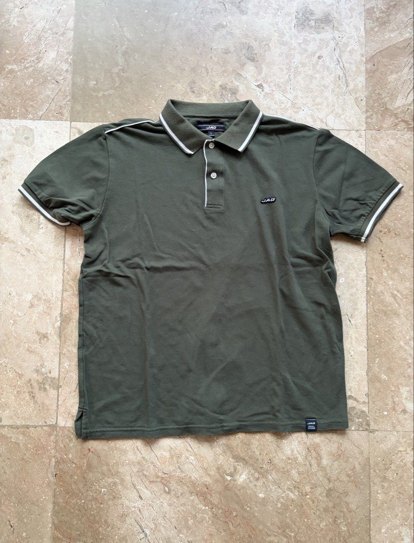 Jag Tipped Polo, Olive Green (Category: Tshirts & Polo Shirts ) located in Quezon City. Submitted by tidyup.lara (Listing ID 1467462650, Image 1). Description: Size L Shoulder 18” Bust 42” Waist 42” Length 28” Condition 8/10: used but in good condition.